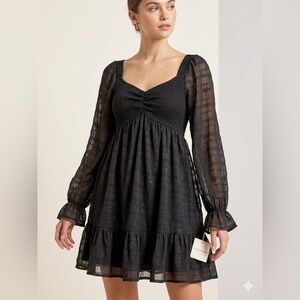 Women's Black Smocked Bust Long Sleeve Mini Dress